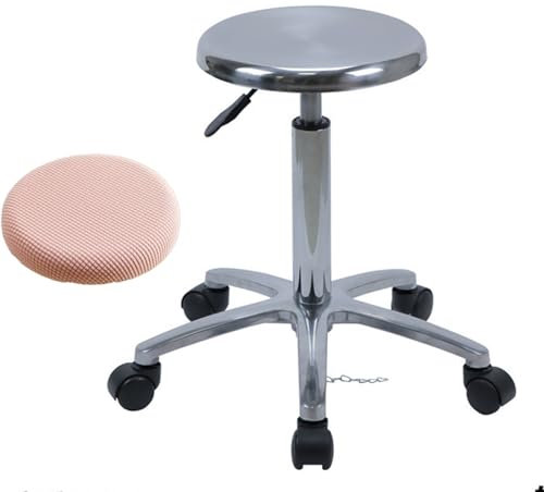 Rollhocker aus Edelstahl mit kostenlosem Sitzkissen und Rädern, robuster Zeichendrehhocker mit Hebefunktion für Bar, Labor, Büro, Friseur, Küche und Geschäft (18,9)