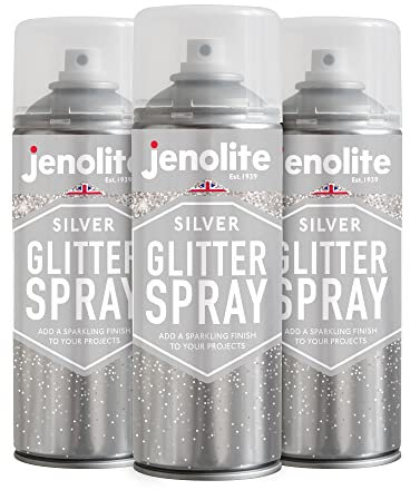 JENOLITE Pintura en aerosol con purpurina plateada en sellador transparente, 3 x 400 ml, laca transparente con purpurina fina, multisuperficie, ideal para marcos de fotos, espejos, adornos y