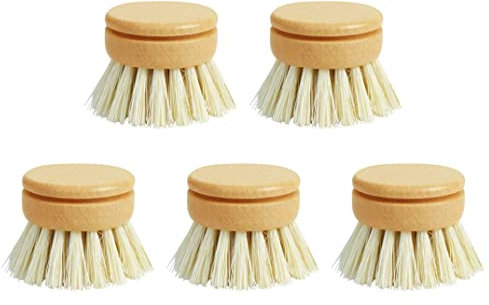 Eco-Friendly Dish Brush Replacement Heads - 5 Pieces Natural Sisal Hemp and Beech Wood Scrubbing Brushes,