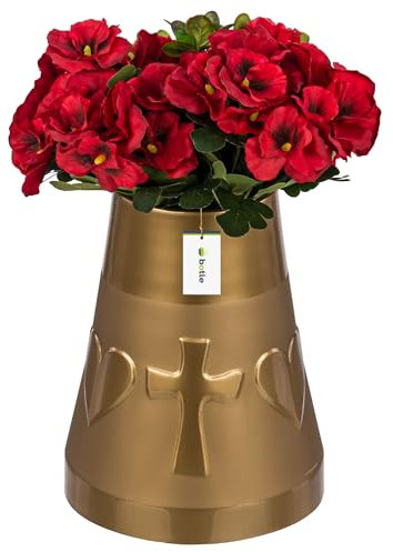 Vaso da cimitero a forma di cono, decorazione per tomba, con decorazione a forma di cuore e croce, altezza 25,5 cm, diametro 11 cm, per fiori vivi e artificiali