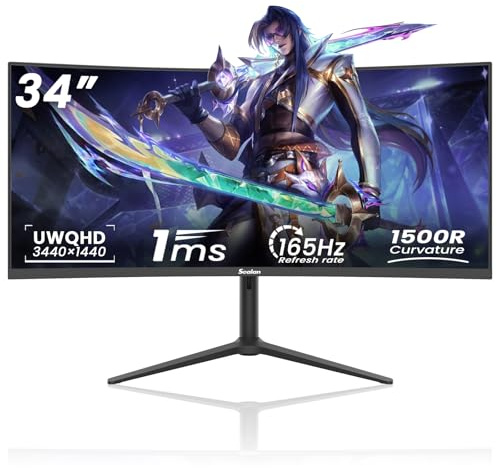 Sealan 34 Inch UWQHD Curved Gaming Monitor,165Hz 3440x1440 Ultrawide PC Monitor 1500R,21:9 Display,PIP/PBP, HDR, 4000:1 Contrast,Tilt/Height Adjustment,HDMI2.0 & DP1.4