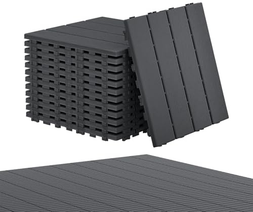 Aufun Fliesen Balkonfliesen 44 Stück, Terrassenfliesen in Holzoptik 30x30cm | Wasserfeste Gartenfliesen Kunststoff mit Klick-System, Bodenbelag für Balkon, Terrasse, Außenbereich, Anthrazit-TyeA , 4m²