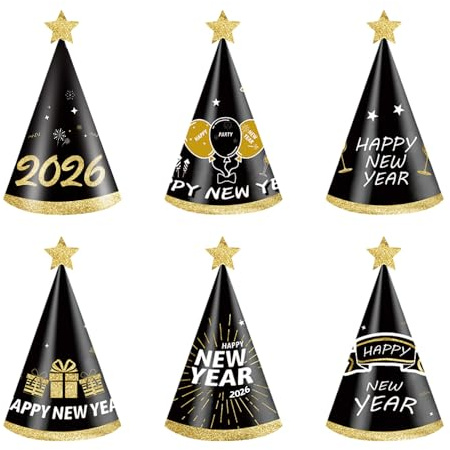 Topfunyy Frohes Neues Jahr 2026 Partyhüte, 6er-Pack schwarz-goldene Neujahrs-Papierkegelhüte für 2026 Silvesterparty, Foto-Requisiten
