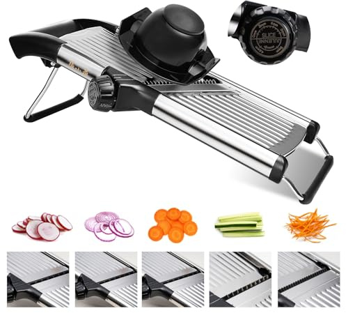 Adjustable Mandoline Slicer 5-in-1 Stainless Steel Vegetable Cutter with Ultra Sharp Blades, Julienne Slicer & Shredder for Potato, Onion
