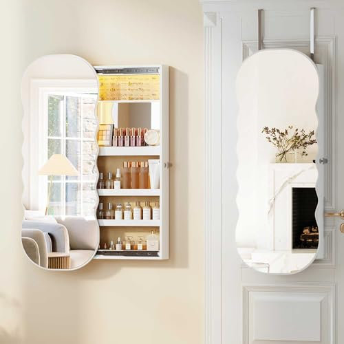 Gurexl Schmuckschrank mit Spiegel, Schmuckschrank Hängend LED Spiegelschrank Abschließbarer Wandspiegel zum Aufhängen der Wand Großer Stauraum für Schlafzimmer Badezimmer(Weiß)