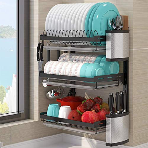 SaryEdge 201 Edelstahl Wand-Montiert 3-Schicht Geschirr Rack Abtropfgestell mit Halter, Essstäbchen Käfig(