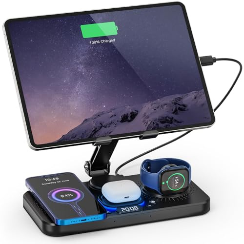 Padwa Lifestyle Supporto Tablet, Tavolo di Supporto iPad con Ricarica Wireless, Tavolo di Tablet Stand con Regolazione Girevole Multi-Angolo, iPad Stand per Tablets e Telefono Cellulare