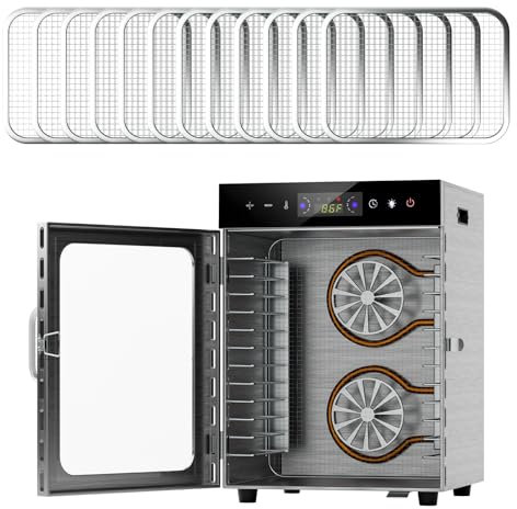 Food Dehydrator Bundle 800W with 12 Stainless Steel Trays and Dehydrator Sheets, LED Touch Display Control, Adjustable Temperature 35-90°C, 24-Hour Timer, for Fruit, Veg, Meat, Herbs, Beef UK