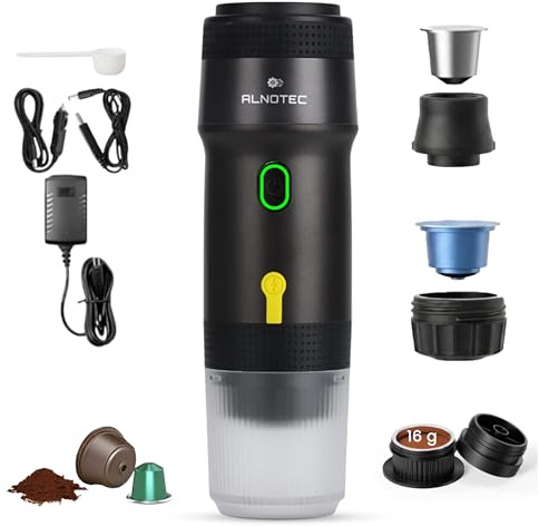 ALNOTEC Espressomaschine, tragbar, elektrisch, selbstheizend, 20 bar, 3-in-1, kompatibel mit NES, DG und gemahlenem Kaffee, Ladegeräte 220 V, USB und Auto, wiederaufladbar (schwarz)