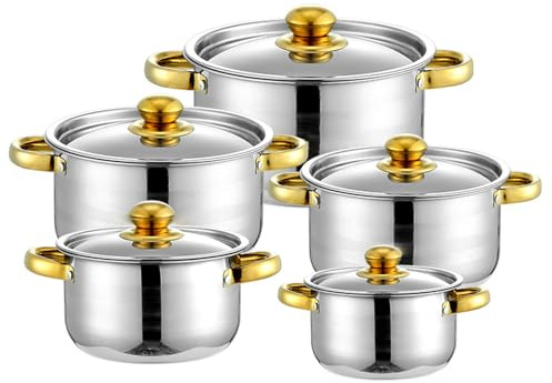 Cookware Set,5 -Piece Stainless Steel Pot & Pan Sets,Cooking Pot Set with 5 Lids Cooking Pot Set,Gold-Plated Soup Tureen Set 18/20/22/24/26cm Suitable for All Stovetops,Golden