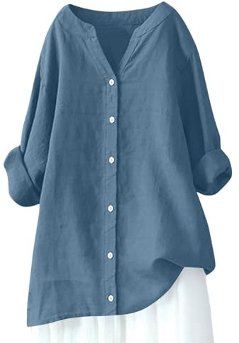 T-shirts för kvinnor linne långärmad muslin blus vardagliga toppar stora storlekar toppar elegant blus lång tunika v-hals långärmad t-shirt, BLÅ, 4XL