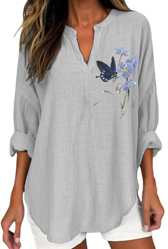 Uwdiohq Tee Shirt Femme, Chemise Femme en Coton Lin d'Été Grande Taille à Manches Longues, T-Shirt Décontracté à la Mode avec Col en V et Boutons à Manches Longues, Imprimé Fleuri, Rayures
