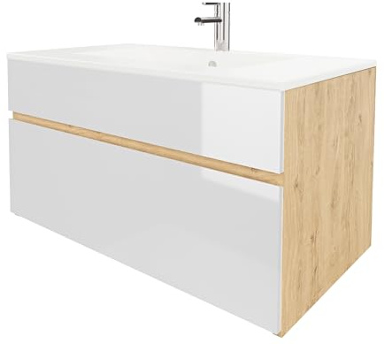 wohnartig® Stella Waschtischunterschrank – Hängend | Eiche Artisan | Weiß Hochglanz | 81,2 × 46,5 × 50 cm | Moderner Waschbeckenunterschrank mit Keramikwaschbecken | Waschbecken mit Unterschrank