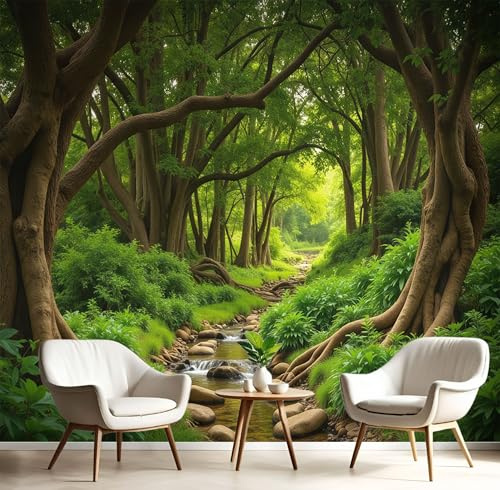 JEDTAKCT Papier Peints Panoramique Forêt Vintage, Poster Geant Mural 3D, Rivière Naturelle Pour Salon Chambre D'Enfant Décoration Murale, Marron Vert Moderne Revêtement Murales (350X256Cm)