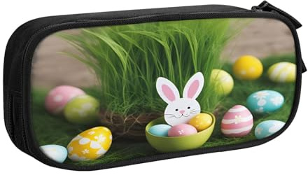 njkhbolk Organiseur de papeterie portable en bois imprimé œuf de Pâques, lapin herbe, grande capacité, double couche avec fermeture éclair