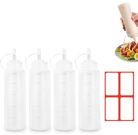 Jimkply - 4 bottiglie da spremere, 240 ml, trasparenti per condimenti e salse con 4 adesivi, per ketchup, mayo e olio d'oliva