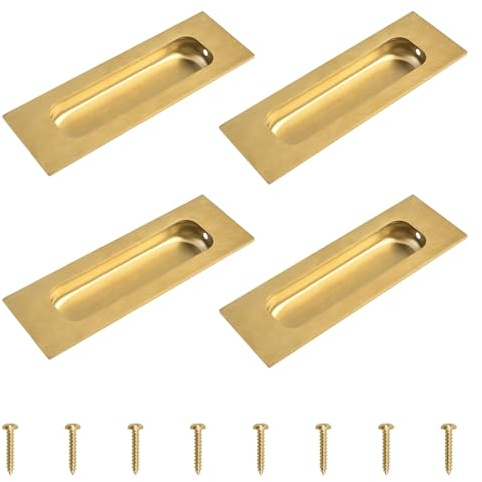 MOROBOR 4 tiradores cuadrados dorados cepillados, tiradores empotrados de 4.7 pulgadas de longitud, manijas de puerta corredera de acero inoxidable para armario y cajón