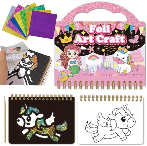 Foil Art,Folienspaß Bastelset Mädchen,Prinzessinnen Folienspaß Scratch Painting Kunst Set 2-In-1,DIY Färben Aufkleber Bastelset,Einhorn Themen Foil Art Bastelsets für kinder Mädchen Kreatives Geschenk