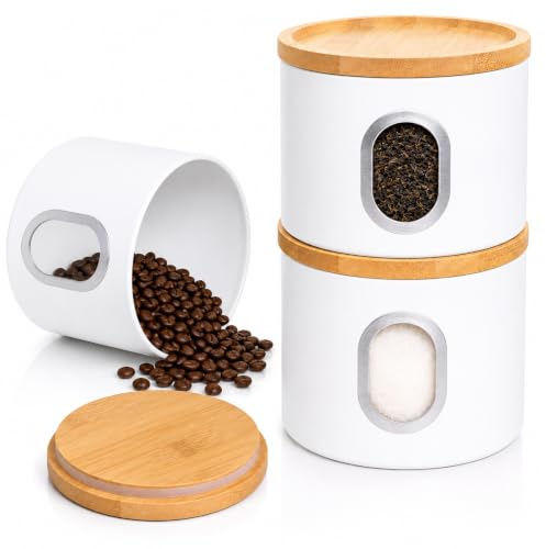 Tea Coffee Sugar Canister Set Storage Jar with Airtight Lids PVC Window | Kitchen Food Storage Jars for Snacks Beans Dry Goods Pantry Organisation & Countertop Use