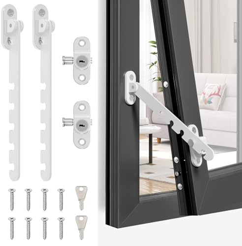 Window Restrictor Latch, 2 Pack AdjustableWindow Wind Hook Childproof Window Safety Brace Stay Locks, White