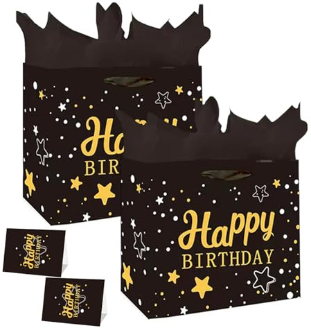 JEKRWNOY 2 Stück Geschenktüten,Geschenktüte Papiertüten mit Schleifenbändern-2 Grußkarten Geschenkverpackung Geburtstag Geschenktaschen mit Henkel Geburtstagstüten Sydney Papier(Black)