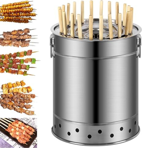 Parrilla portátil de carbón, barbacoa de acero inoxidable sin humo con 28 pinchos, parrilla de barril de 15.4 pulgadas para acampar al aire libre e interior