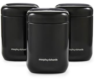 Morphy Richards Equip Set 3 Storage Canisters, 15.5x10cm, 3 Pack Durable Carbon and Stainless Steel Set, Airtight Lid, Versatile Suitable Tea, Coffee, Sugar, Pasta, Dry Foods, Black, 830001