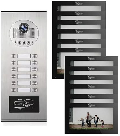 ANJIELO SMART 7inch Black TUYA Video Door Phone Kit,Wired Video Intercom System with 1080P Camera,Up to 12 Units,Support 3 in 1 Unlocking,Two-Way Intercom, Motion Detection (bell+12 monitor)