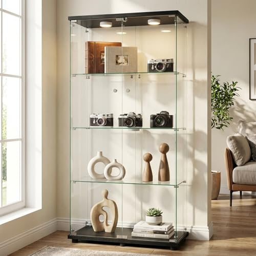 Aislinglen - Vetrinetta in vetro con illuminazione LED, armadio espositivo nero 164,5 x 80,6 x 36,5 cm, porte in vetro con serratura, vetrinetta a terra con 2 luci LED, vetro temperato di sicurezza da