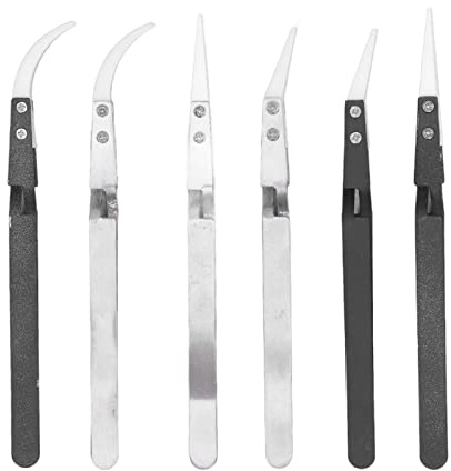 Ensemble de 6 pinces à souder antimagnétiques, pointes pointues et incurvées, pincettes chauffantes en céramique en acier inoxydable, conception inversée pour un travail de