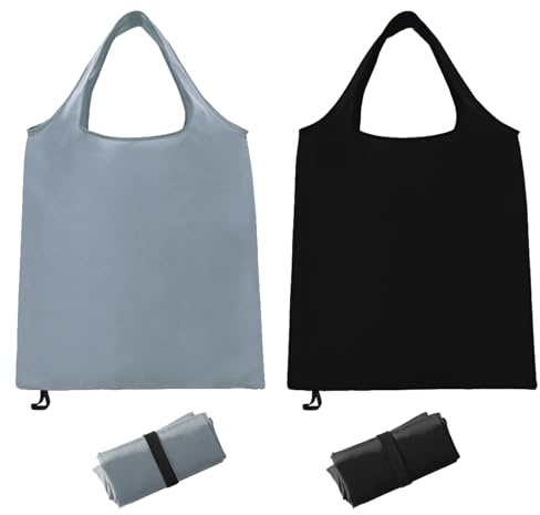 Whispern Cloud 2 Packs Foldable Reusable Shopping Bags, Waterproof Nylon Tote Folding in a Pouch, Washable Lightweight Grocery Bags for Fruit Vegetable Storage Daily Outdoor Use (Black & Grey)