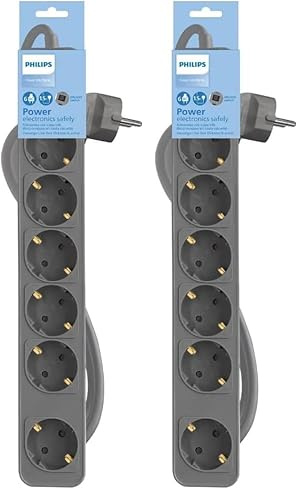 Philips Regletas CHP2164G - Regleta de 6 Enchufes, Cable de 1.5 Metros, Interruptor Principal, Cierre de Seguridad Automático, Indicador LED de Alimentación - Color Gris (Paquete de 2)