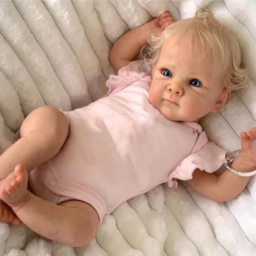 JIEBOTE 18 tum Reborn-docka realistisk 45 cm - full silikonkropp, handimplanterat blont hår, levande blå ögon, nyfödd docka poserbar för samlare och barn