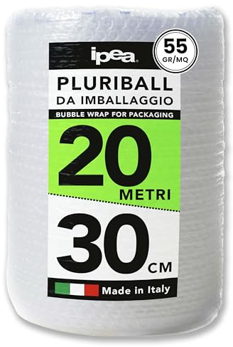 IPEA Rollo de Plástico de Burbujas para Embalaje y Envío – 20 Metros x 30 cm – Made in Italy – Pluriball - Burbujas de Aire Protección, Acolchado, Embalaje Objetos – Resistente Desgarro - 55 gr/mq
