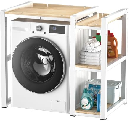 Armario para Lavadora y Secadora con Estantes Laterales, Soporte de Lavandería Resistente, Estantería Superior Ajustable 3 Niveles con Estructura de Acero 4CM para Hogar y Baño(White)