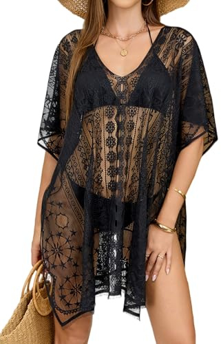 Cache-Maillot Femme en Dentelle Col V, Cover Up pour Maillot de Bain et Bikini, Vacances