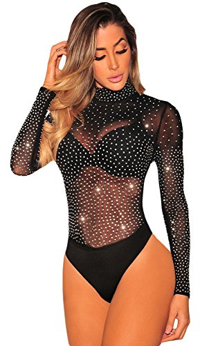 NBBNYJ Body Nero Donna Elegante Vintage Bodysuit Estivi Mesh Daimonds Manica Lunga Blusa Camicie Top Tuta Abbigliamento Nero L
