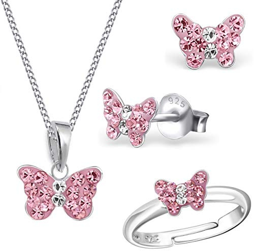 Goldene Hufeisen Mini Rosa Kristall Schmetterling Ring Anhänger Halskette Ohrstecker 925 Echt Silber Mädchen Kinder Set
