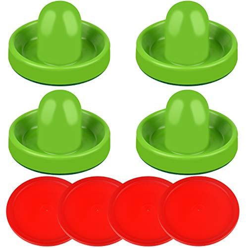 ONE250 Air Hockey Pushers and Red Air Hockey Pucks, Goal Handles Paddles Replacement Accessories for Game Tables (4 Striker, 4 Puck Pack) (Green)