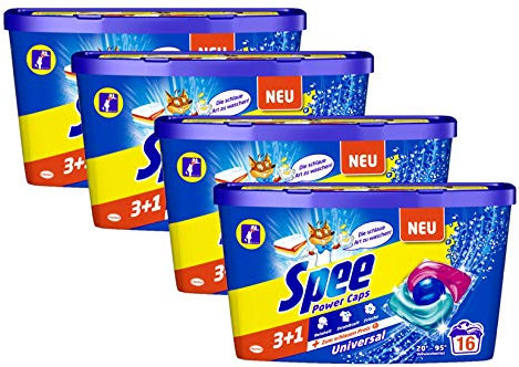 Spee Power Caps Universal 3+1, Vollwaschmittel, 64 (4 x 16) Waschladungen, Reinheit, Strahlkraft und Frische für deine Wäsche zum schlauen Preis, 20-95°