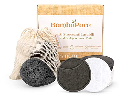 Sinutan® Dischetti Struccanti Lavabili in Bambù, Riutilizzabili in Fibra di Bamboo e Cotone (16 Pezzi, spugna konjac Nera Omaggio)