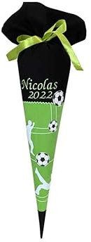 Glückspilz Schultüte mit Namen personalisiert, Fussball, Zuckertüte aus Stoff genäht, mit Kissen, Schwarz Grün
