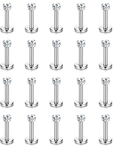 Helicopchain 20Pcs 16G Hypoallergenic Stainless Steel Lip Studs Labret Piercing With 3mm CZ Cartilage Tragus Helix Monroe Piercing Stud Jewelry 6mm 8mm 10mm