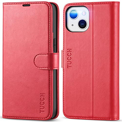 TUCCH Wallet Case for iPhone 13 (6.1), Red | 3 Card Slots, RFID Blocking, Kickstand, Shockproof TPU Shell, Premium PU Leather, Magnetic Closure, Folio Flip Cover