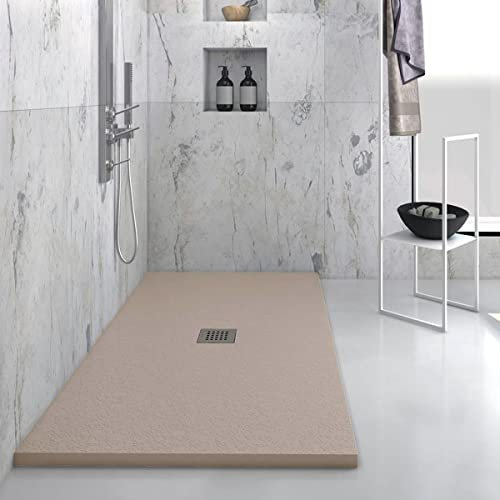 Yellowshop - Piatto doccia rettangolare in marmoresina base 70 cm h 2,5 cm HEAVY Tortora con sifone, piletta e copripiletta inox (70x90 cm)