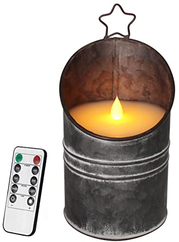 CVHOMEDECO. Vintage Galvanized Can Flameless LED Candle, Real Wax in Antique Galvanized Jar Flickering Candle with Remote Control for Tabletop Wall Decor. H 8 Inch
