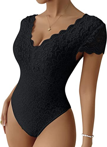Minetom Femme Body Sexy Manche Courte Moulant Shirt Haut Top Combinaison Couleur Unie Dentelle Bodysuit Jumpsuit Clubwear B Noir M