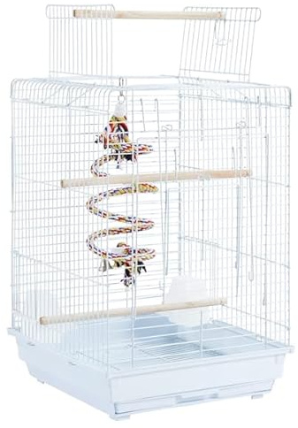 Abician Cage à Oiseaux en Métal pour Petits Oiseaux, Cage à Perruches avec Jouet, Corde à Clochette, 3 Perchoirs, 2 Mangeoirs, 1 Toit Ouvert 40 x 40 x 58 cm Blanc