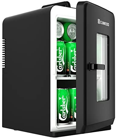 Cumeod 15 Liter/ 21 Dosen Mini Kühlschrank, 2 in 1 Kleiner Kühlschrank mit Kühl- und Heizfunktion, 12V DC/220V AC für Autos, Büros und Schlafsäle, Getränke, Kosmetik, Schwarz, Max- & Eco-Modus