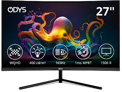 Odys Q27 PRO - 27 Zoll (69 cm) WQHD Curved Office & Gaming Monitor (2.560x1.440 Pixel, 165 Hz, 1ms Reaktionszeit (MPRT), 1500R, FreeSync, HDR, Blaulicht Reduktion, HDMI, Display Port, 3,5mm Audio)
